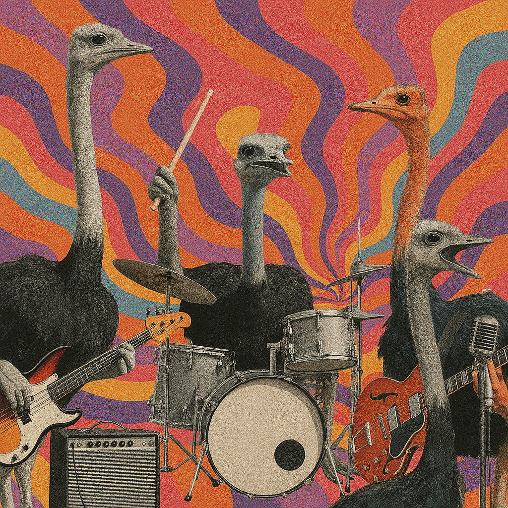 Psychedelic cartoon image of Brooks Huber playing the guitar