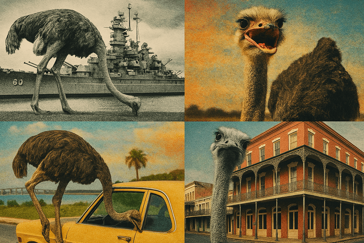 Collage of ostrich holiday photos from Mobile, Alabama