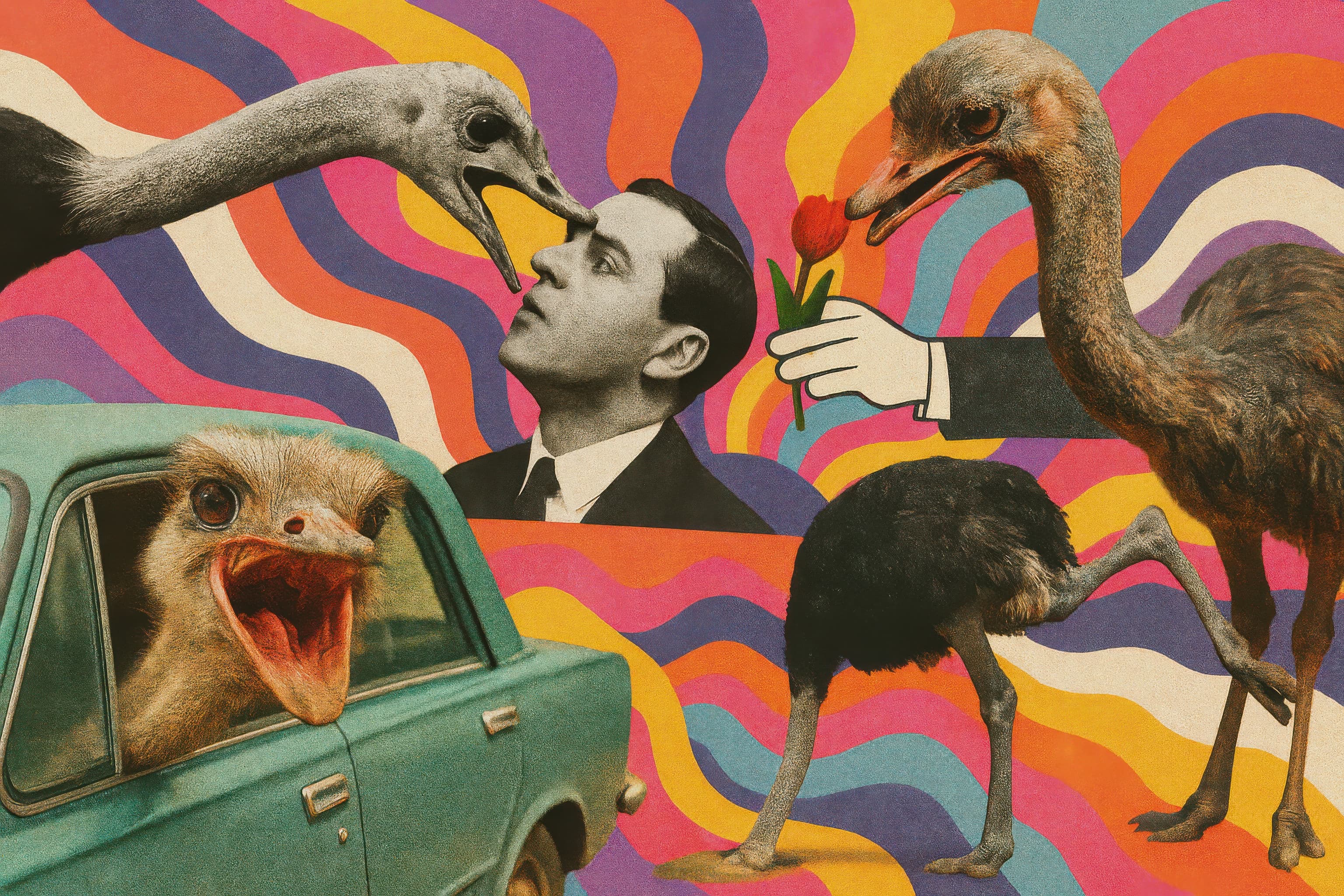 Psychedelic paper cut out collage of ostriches in Mobile, Alabama