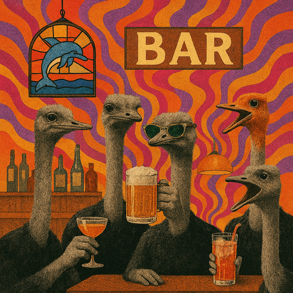 Cartoon image of ostriches wearing VR headsets