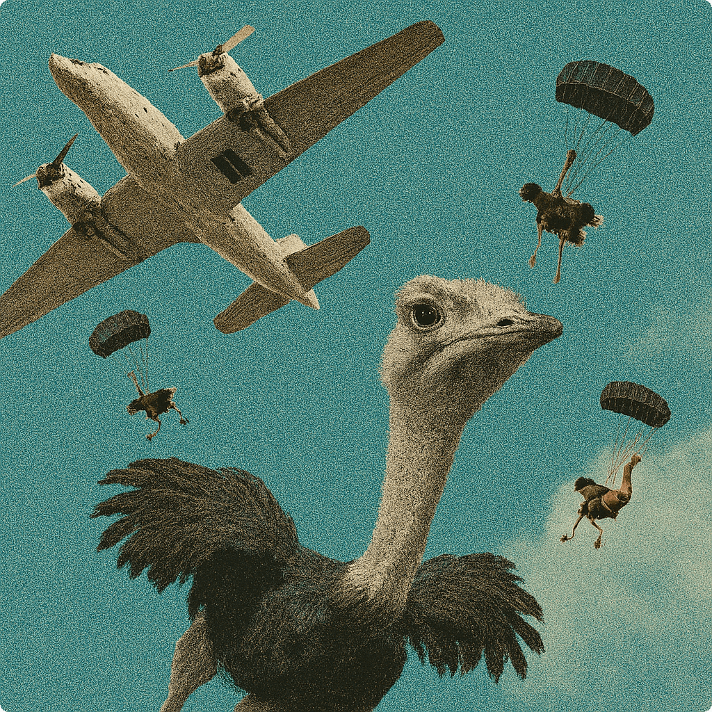 Cartoon image of ostriches skydiving