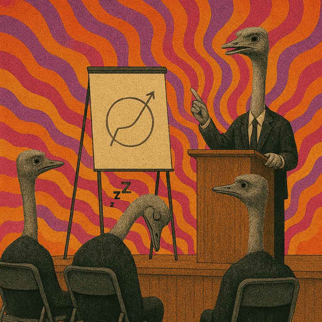 Cartoon image of ostriches wearing suits attending a talk given by another ostrich