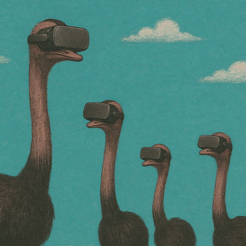 Cartoon image of ostriches wearing VR headsets